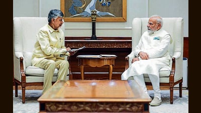Andhra Pradesh chief minister N Chandrababu Naidu meets Prime Minister Narendra Modi in New Delhi on Friday. (ANI) Andhra Pradesh chief minister N Chandrababu Naidu meets Prime Minister Narendra Modi in New Delhi on Friday. (ANI)