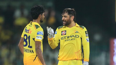 Chennai Super Kings' captain Mahendra Singh Dhoni, right, speaks to teammate Matheesha Pathirana (AP) Chennai Super Kings' captain Mahendra Singh Dhoni, right, speaks to teammate Matheesha Pathirana (AP)