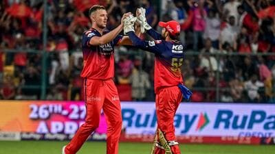 Josh Hazlewood (L) celebrates with Jitesh Sharma after taking the wicket of Rajasthan Royals' Shimron Hetmyer. (AFP) Josh Hazlewood (L) celebrates with Jitesh Sharma after taking the wicket of Rajasthan Royals' Shimron Hetmyer. (AFP)