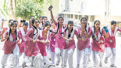 Jubilant girl students after announcement of results for the exams held from February 24 to March 12 across 8,140 centres this year. (Sunil Ghosh/HT Photo) Jubilant girl students after announcement of results for the exams held from February 24 to March 12 across 8,140 centres this year. (Sunil Ghosh/HT Photo)