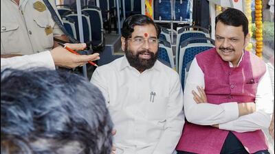 Maharashtra Chief Minister Devendra Fadnavis and State Deputy Chief Minister Eknath Shinde take a ride in the BEST's electric AC bus service after its inauguration, in Mumbai on Friday (CMO Maharashtra - X) Maharashtra Chief Minister Devendra Fadnavis and State Deputy Chief Minister Eknath Shinde take a ride in the BEST's electric AC bus service after its inauguration, in Mumbai on Friday (CMO Maharashtra - X)