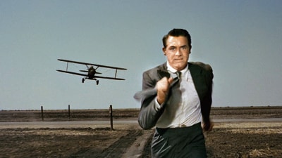 North by Northwest; 1959: Roger Thornhill (played by Cary Grant), an ad executive mistaken for a spy, is chased by a crop-duster trying to mow him down. ‘That plane’s dusting crops where there ain’t no crops,’ he says. North by Northwest; 1959: Roger Thornhill (played by Cary Grant), an ad executive mistaken for a spy, is chased by a crop-duster trying to mow him down. ‘That plane’s dusting crops where there ain’t no crops,’ he says.