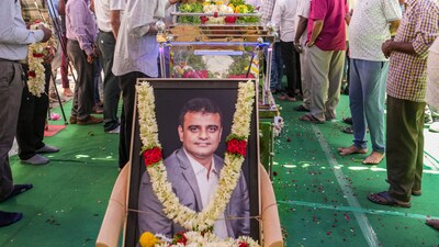 People pay their last respects to the mortal remains of Bharat Bhushan, who was killed in the Pahalgam terror attack. (PTI) People pay their last respects to the mortal remains of Bharat Bhushan, who was killed in the Pahalgam terror attack. (PTI)