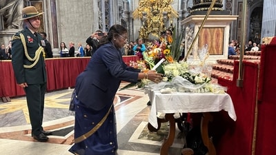 President Droupadi Murmu pays homage to Pope Francis in Vatican City on Friday. (X/ MEAIndia) President Droupadi Murmu pays homage to Pope Francis in Vatican City on Friday. (X/ MEAIndia)