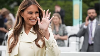 U.S. first lady Melania Trump waves during the annual White House Easter Egg Roll event, on the South Lawn of the White House in Washington, D.C., U.S., April 21, 2025. REUTERS/Ken Cedeno (REUTERS)