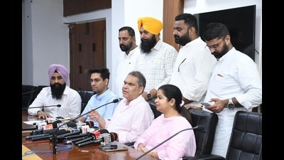 Rajya Sabha member Sanjeev Arora, MC commissioner Aaditya Dachalwal and mayor Inderjit Kaur along with others addressing a press conference in Ludhiana on Friday. (HT Photo) Rajya Sabha member Sanjeev Arora, MC commissioner Aaditya Dachalwal and mayor Inderjit Kaur along with others addressing a press conference in Ludhiana on Friday. (HT Photo)