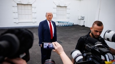 US President Donald Trump speaks to members of the media outside the White House in Washington, DC, US, on Wednesday, April 23, 2025. (Bloomberg) US President Donald Trump speaks to members of the media outside the White House in Washington, DC, US, on Wednesday, April 23, 2025. (Bloomberg)