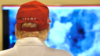 U.S. President Donald Trump looks on as military strikes are launched against Yemen's Iran-aligned Houthis over the group's attacks against Red Sea shipping, at an unspecified location. (via REUTERS)