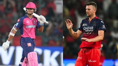 Yashasvi Jaiswal and Josh Hazlewood were involved in a war od words suring the RCB-RR clash on Thursday night. Yashasvi Jaiswal and Josh Hazlewood were involved in a war od words suring the RCB-RR clash on Thursday night.