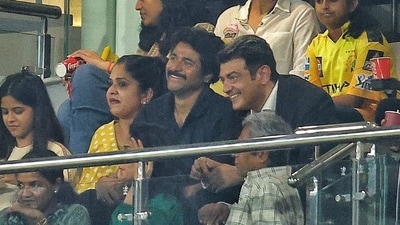 Ajith Kumar with Sivakarthiyan during the IPL match on Friday evening. Ajith Kumar with Sivakarthiyan during the IPL match on Friday evening.