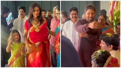 Sneha Reddy and Allu Arjun with their daughter, Arha, attend a wedding. Sneha Reddy and Allu Arjun with their daughter, Arha, attend a wedding.