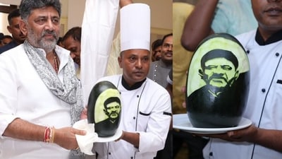 The intricately carved fruit, showcasing Shivakumar’s likeness in remarkable detail. (X/@DKShivakumar) The intricately carved fruit, showcasing Shivakumar’s likeness in remarkable detail. (X/@DKShivakumar)