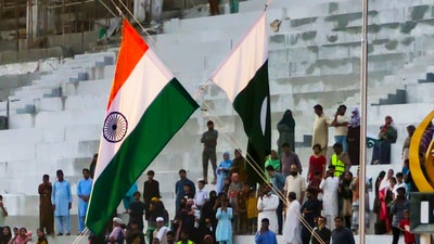 India's national flag and Pakistan's national flag being lowered during the Beating Retreat ceremony at the Attari-Wagah border between India and Pakistan, near Amritsar, Thursday, April 24, 2025. (PTI)