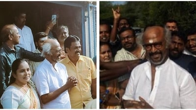 Rajinikanth clicked pictures with fans during his temple visit.