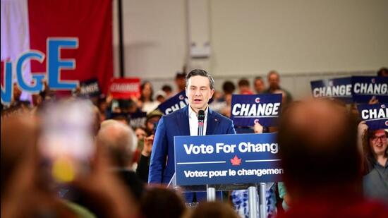 Conservative Party of Canada's leader Pierre Poilievre holds a rally in Saskatoon, Saskatchewan, Canada, on April 24. (REUTERS)