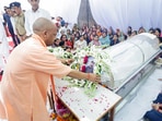 Uttar Pradesh Chief Minister Yogi Adityanath lays a wreath on the mortal remains of Shubham Dwivedi, who was shot dead in the Pahalgam terror attack, in Kanpur on Thursday. Uttar Pradesh Chief Minister Yogi Adityanath lays a wreath on the mortal remains of Shubham Dwivedi, who was shot dead in the Pahalgam terror attack, in Kanpur on Thursday.