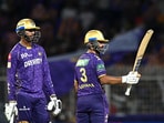 Kolkata Knight Riders' Ajinkya Rahane (R) and Venkatesh Iyer
