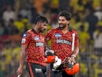 Sunrisers Hyderabad's Kamindu Mendis and Nitish Kumar Reddy celebrate after winning. Sunrisers Hyderabad's Kamindu Mendis and Nitish Kumar Reddy celebrate after winning.