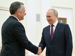 Russian President Vladimir Putin welcomes U.S. President Donald Trump's envoy Steve Witkoff during a meeting in Moscow, Russia, April 25, 2025.