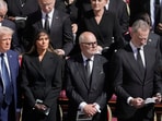 Front row left to right, President Donald Trump, first lady Melania Trump, Estonia's President Alar Karis, Spain's King Felipe VI and Spain's Queen Letizia attend the funeral of Pope Francis in St. Peter's Square at the Vatican, Saturday, April 26, 2025. (AP Photo/Markus Schreiber)
