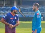 Rohit Sharma demonstrates to Abdul Samad during a one-on-one session with the LSG batter. Rohit Sharma demonstrates to Abdul Samad during a one-on-one session with the LSG batter.