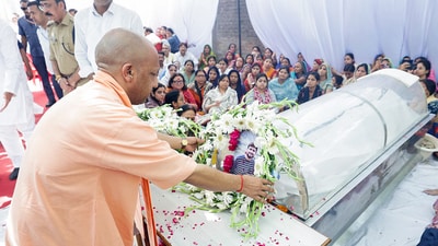Uttar Pradesh Chief Minister Yogi Adityanath lays a wreath on the mortal remains of Shubham Dwivedi, who was shot dead in the Pahalgam terror attack, in Kanpur on Thursday. (Yogi Adityanath - X) Uttar Pradesh Chief Minister Yogi Adityanath lays a wreath on the mortal remains of Shubham Dwivedi, who was shot dead in the Pahalgam terror attack, in Kanpur on Thursday. (Yogi Adityanath - X)