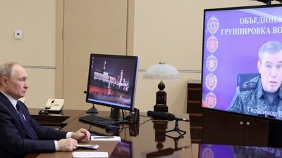 Russian President Vladimir Putin listens to Russian Chief of General Staff Gen. Valery Gerasimov with the report that all Ukrainian troops have been forced from Russia's Kursk region, during their meeting via videoconference at the Novo-Ogaryovo residence outside Moscow, Russia, Saturday, April 26, (AP) Russian President Vladimir Putin listens to Russian Chief of General Staff Gen. Valery Gerasimov with the report that all Ukrainian troops have been forced from Russia's Kursk region, during their meeting via videoconference at the Novo-Ogaryovo residence outside Moscow, Russia, Saturday, April 26, (AP)