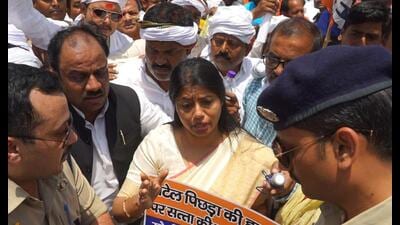 Apna Dal (K) leader and Sirathu MLA Pallavi Patel during a protest in Varanasi on April 26. (HT photo) Apna Dal (K) leader and Sirathu MLA Pallavi Patel during a protest in Varanasi on April 26. (HT photo)