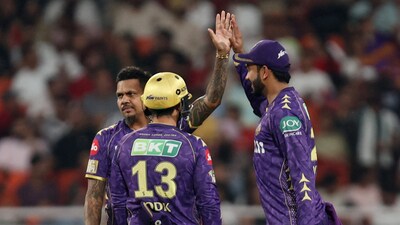 Kolkata Knight Riders' Sunil Narine celebrates with Venkatesh Iyer (REUTERS)