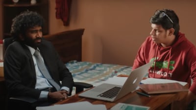 Pradeep Ranganathan's character cheats during his video interview in Dragon. Pradeep Ranganathan's character cheats during his video interview in Dragon.