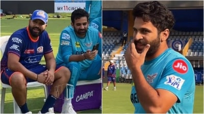 Rohit Sharma, sitting with Zaheer Khan, called out Shardul Thakur during a training session (X/Mumbai Indians)