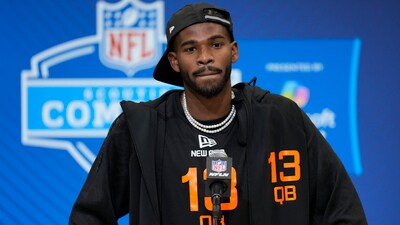 Colorado quarterback Shedeur Sanders speaks during a press conference at the NFL football scouting in Indianapolis. (AP Photo/George Walker IV, File) (AP)