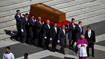 The coffin of Pope Francis is carried during the funeral Mass of Pope Francis in St. Peter's Square at the Vatican, April 26, 2025. (REUTERS)