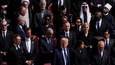 US President Donald Trump, Poland's President Andrzej Duda and Finland's President Alexander Stubb attend the funeral Mass of Pope Francis in St. Peter's Square at the Vatican. Trump's wife, Melania, were also among the world leaders who filed past the pope’s casket before the funeral. (REUTERS)