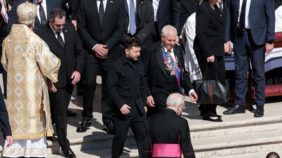 Ukraine's President Volodymyr Zelenskiy walks, on the day of the funeral Mass of Pope Francis, at the Vatican, April 26, 2025. He appears to receive a round of applause while arriving at funeral.&nbsp; (REUTERS)