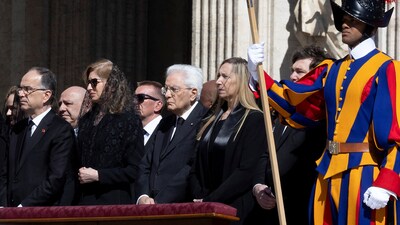 Italian President Sergio Mattarella and Argentina's President Javier Milei attend the funeral Mass of Pope Francis in St. Peter's Square at the Vatican, April 26, 2025.&nbsp; (via REUTERS)