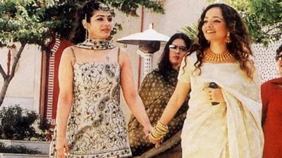 Raveena Tandon with Rakhi Vijan at her pre-wedding ceremony in 2004. Raveena Tandon with Rakhi Vijan at her pre-wedding ceremony in 2004.
