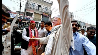 SP chief Akhilesh Yadav in Kushinagar on Saturday. (Sourced)