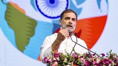 Senior Congress leader Rahul Gandhi addresses the Bharat Summit 2025 in Hyderabad on Saturday. (PTI) Senior Congress leader Rahul Gandhi addresses the Bharat Summit 2025 in Hyderabad on Saturday. (PTI)