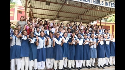 Students of St Anthony’s Convent Inter College, Prayagraj, after the declaration of UP Board results on Friday. (Anil Kumar Maurya/HT) Students of St Anthony’s Convent Inter College, Prayagraj, after the declaration of UP Board results on Friday. (Anil Kumar Maurya/HT)