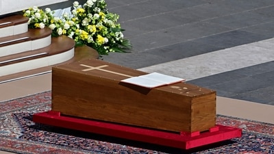 The book of the gospels lays on the coffin of late Pope Francis during the funeral ceremony at St Peter's Square in the Vatican on April 26, 2025. (AFP)
