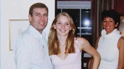 An undated handout photo shows (L-R) Prince Andrew, Virginia Giuffre, and Ghislaine Maxwell posing for a photo. (File/AFP)