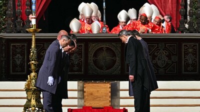 Pallbearers stand next to the coffin of late Pope Francis at the start of the funeral ceremony at St Peter's Square in The Vatican, on April 26, 2025. (AFP)