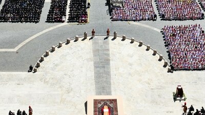 A photograph taken from St Peter Basilica shows a general view of late Pope Francis' coffin during the funeral ceremony in St Peter's Square, at the Vatican, on April 26, 2025. (AFP)