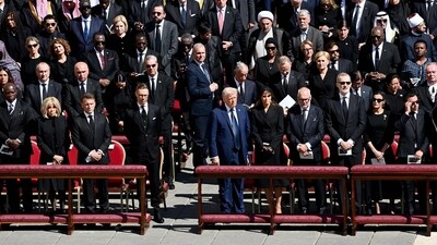 France's President Emmanuel Macron (L3), French President's wife Brigitte Macron (L2), Finland's President Alexander Stubb (CL), US President Donald Trump (CR) and US First Lady Melania Trump (R5), Estonia's President Alar Karis (R4), Spain's King Felipe VI (R3) and his wife Spain's Queen Letizia (R2) attend late Pope Francis' funeral ceremony at St Peter's Square in The Vatican on April 26, 2025. (Photo by Isabella BONOTTO / AFP) (AFP) France's President Emmanuel Macron (L3), French President's wife Brigitte Macron (L2), Finland's President Alexander Stubb (CL), US President Donald Trump (CR) and US First Lady Melania Trump (R5), Estonia's President Alar Karis (R4), Spain's King Felipe VI (R3) and his wife Spain's Queen Letizia (R2) attend late Pope Francis' funeral ceremony at St Peter's Square in The Vatican on April 26, 2025. (Photo by Isabella BONOTTO / AFP) (AFP)