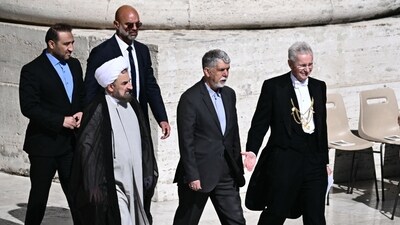 Iran's Minister of Culture and Islamic Guidance Seyyed Abbas Salehi (3L) arrives ahead of late Pope Francis' funeral ceremony at St Peter's Square at the Vatican on April 26, 2025. (Photo by Filippo MONTEFORTE / AFP) (AFP) Iran's Minister of Culture and Islamic Guidance Seyyed Abbas Salehi (3L) arrives ahead of late Pope Francis' funeral ceremony at St Peter's Square at the Vatican on April 26, 2025. (Photo by Filippo MONTEFORTE / AFP) (AFP)