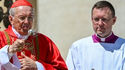 Italian cardinal Giovanni Battista Re looks at Youssef Absi, Patriarch of Antioch and All the Orient, of Alexandria and of Jerusalem, and head of the Melkite Greek Catholic Church, blessing with myrrh the coffin of late Pope Francis during the funeral ceremony at St Peter's Square at the Vatican (AFP) Italian cardinal Giovanni Battista Re looks at Youssef Absi, Patriarch of Antioch and All the Orient, of Alexandria and of Jerusalem, and head of the Melkite Greek Catholic Church, blessing with myrrh the coffin of late Pope Francis during the funeral ceremony at St Peter's Square at the Vatican (AFP)