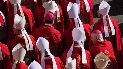 Clergy take their seats ahead of the funeral of Pope Francis in St. Peter's Square at the Vatican, Saturday. (AP Photo) (AP)