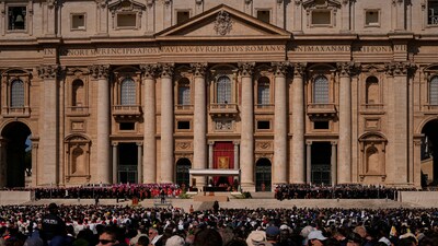 The coffin of Pope Francis is placed in St. Peter's Square during his funeral at the Vatican, Saturday, April 26, 2025. (AP)