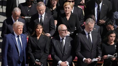 Front row left to right, President Donald Trump, first lady Melania Trump, Estonia's President Alar Karis, Spain's King Felipe VI and Spain's Queen Letizia attend the funeral of Pope Francis in St. Peter's Square at the Vatican, Saturday, April 26, 2025. (AP Photo/Markus Schreiber) (AP) Front row left to right, President Donald Trump, first lady Melania Trump, Estonia's President Alar Karis, Spain's King Felipe VI and Spain's Queen Letizia attend the funeral of Pope Francis in St. Peter's Square at the Vatican, Saturday, April 26, 2025. (AP Photo/Markus Schreiber) (AP)